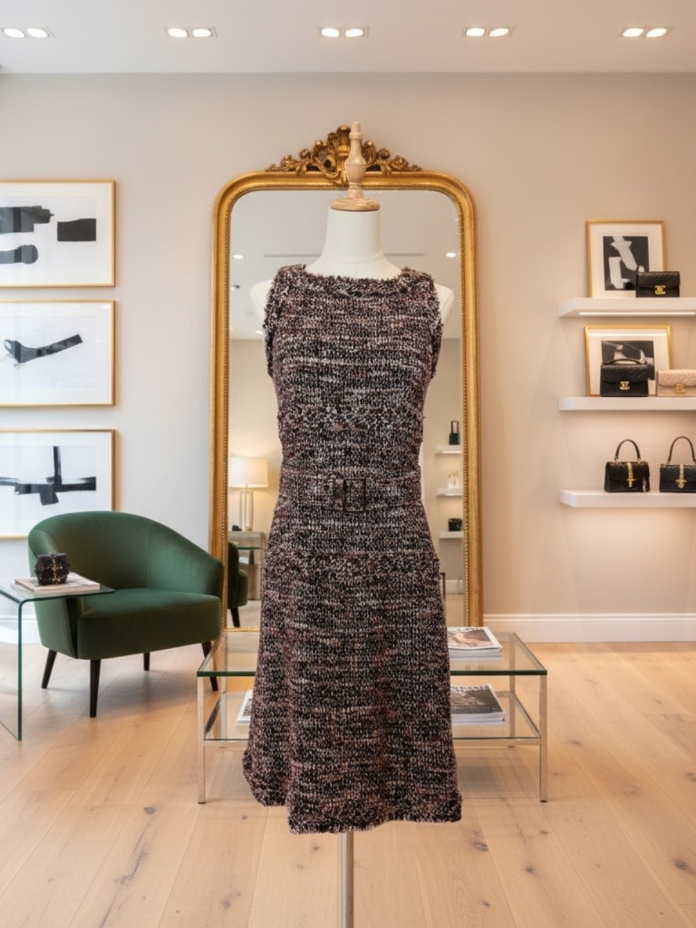 CHANEL Multicolor Tweed Sleeveless Belted Dress